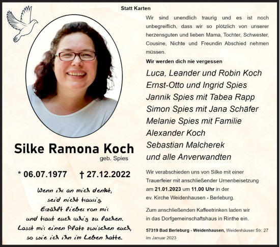Traueranzeige von Silke Ramona Koch von Siegener Zeitung