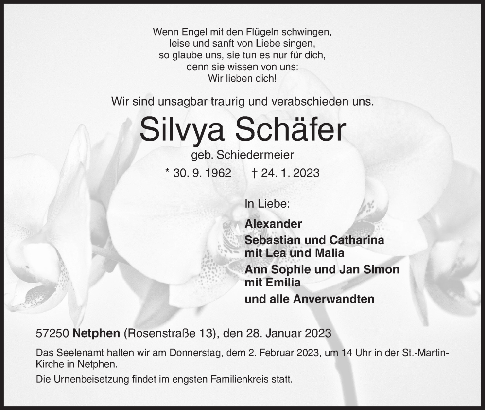  Traueranzeige für Silvya Schäfer vom 28.01.2023 aus Siegener Zeitung