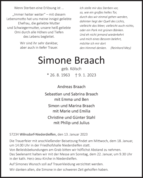 Traueranzeige von Simone Braach von Siegener Zeitung