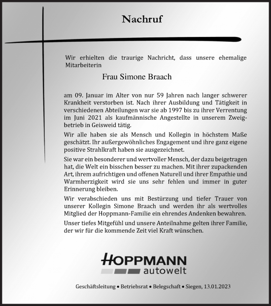 Traueranzeige von Simone Braach von Siegener Zeitung