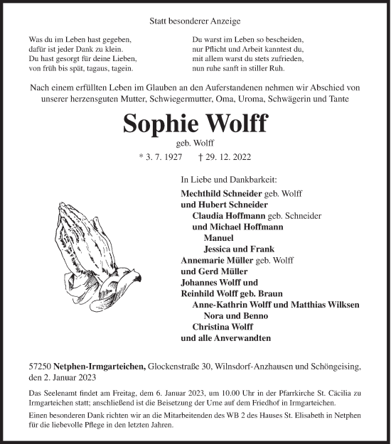 Traueranzeige von Sophie Wolff von Siegener Zeitung