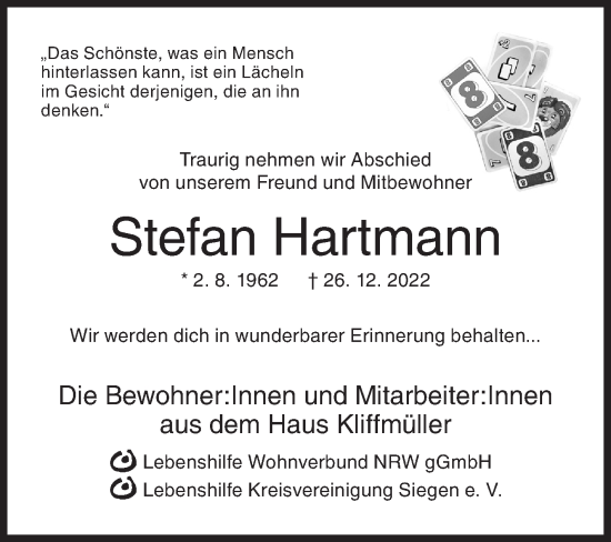 Traueranzeige von Stefan Hartmann von Siegener Zeitung