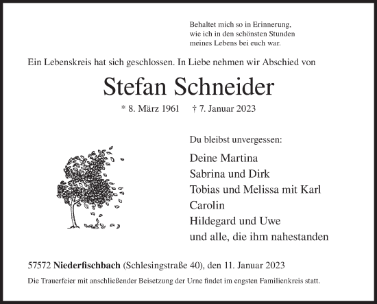 Traueranzeige von Stefan Schneider von Siegener Zeitung