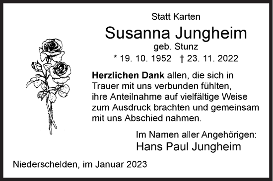Traueranzeige von Susanna Jungheim von Siegener Zeitung