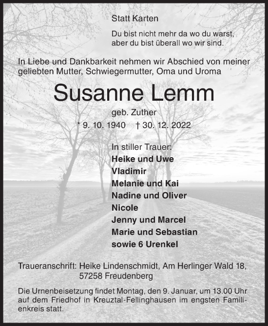 Traueranzeige von Susanne Lemm von Siegener Zeitung