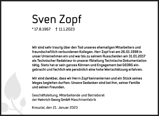 Traueranzeige von Sven Zopf von Siegener Zeitung