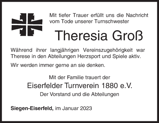 Traueranzeige von Theresia Groß von Siegener Zeitung