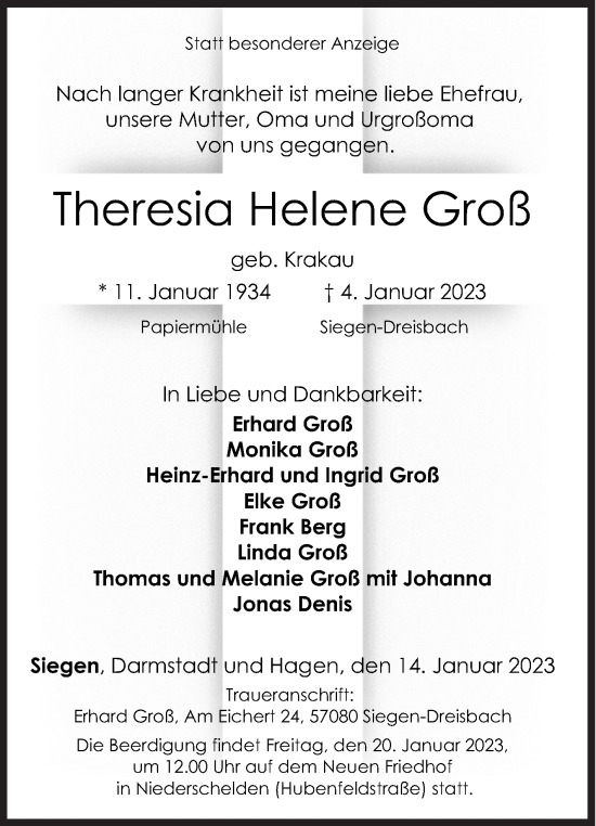 Traueranzeige von Theresia Helene Groß von Siegener Zeitung