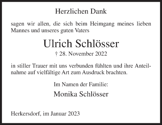 Traueranzeige von Ulrich Schlösser von Siegener Zeitung