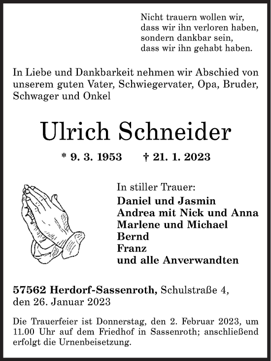 Traueranzeige von Ulrich Schneider von Siegener Zeitung