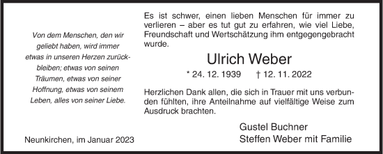 Traueranzeige von Ulrich Weber von Siegener Zeitung