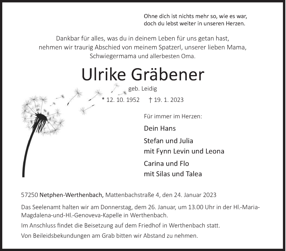  Traueranzeige für Ulrike Gräbener vom 24.01.2023 aus Siegener Zeitung