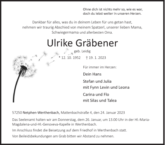 Traueranzeige von Ulrike Gräbener von Siegener Zeitung