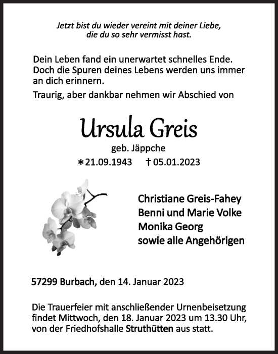 Traueranzeige von Ursula Greis von Siegener Zeitung