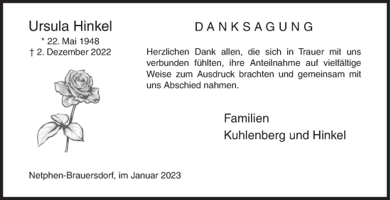 Traueranzeige von Ursula Hinkel von Siegener Zeitung
