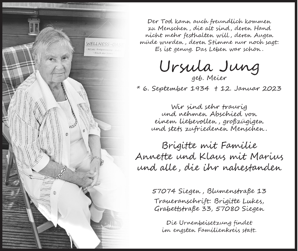  Traueranzeige für Ursula Jung vom 21.01.2023 aus Siegener Zeitung
