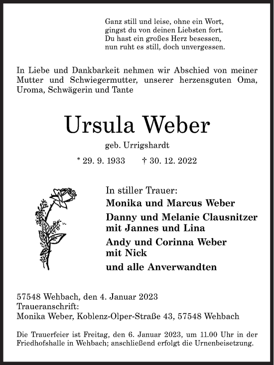 Traueranzeige von Ursula Weber von Siegener Zeitung