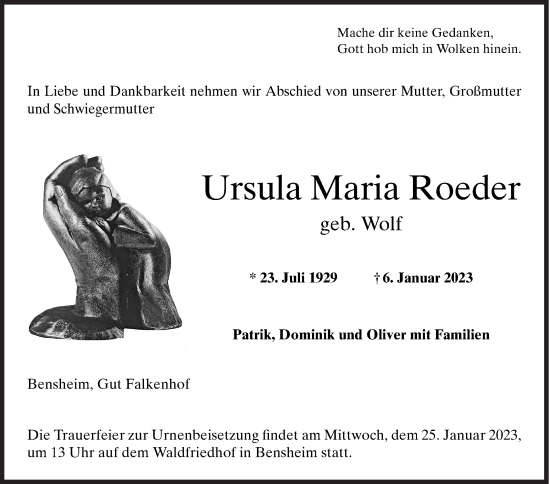 Traueranzeige von Ursula Maria Roeder von Siegener Zeitung