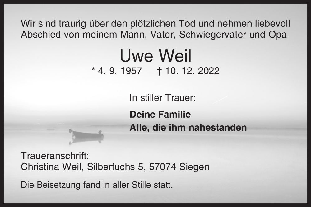  Traueranzeige für Uwe Weil vom 14.01.2023 aus Siegener Zeitung