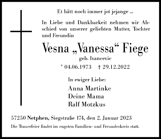 Traueranzeige von Vesna Fiege von Siegener Zeitung