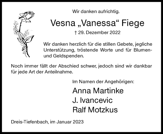 Traueranzeige von Vesna Fiege von Siegener Zeitung