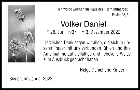 Traueranzeige von Volker Daniel von Siegener Zeitung