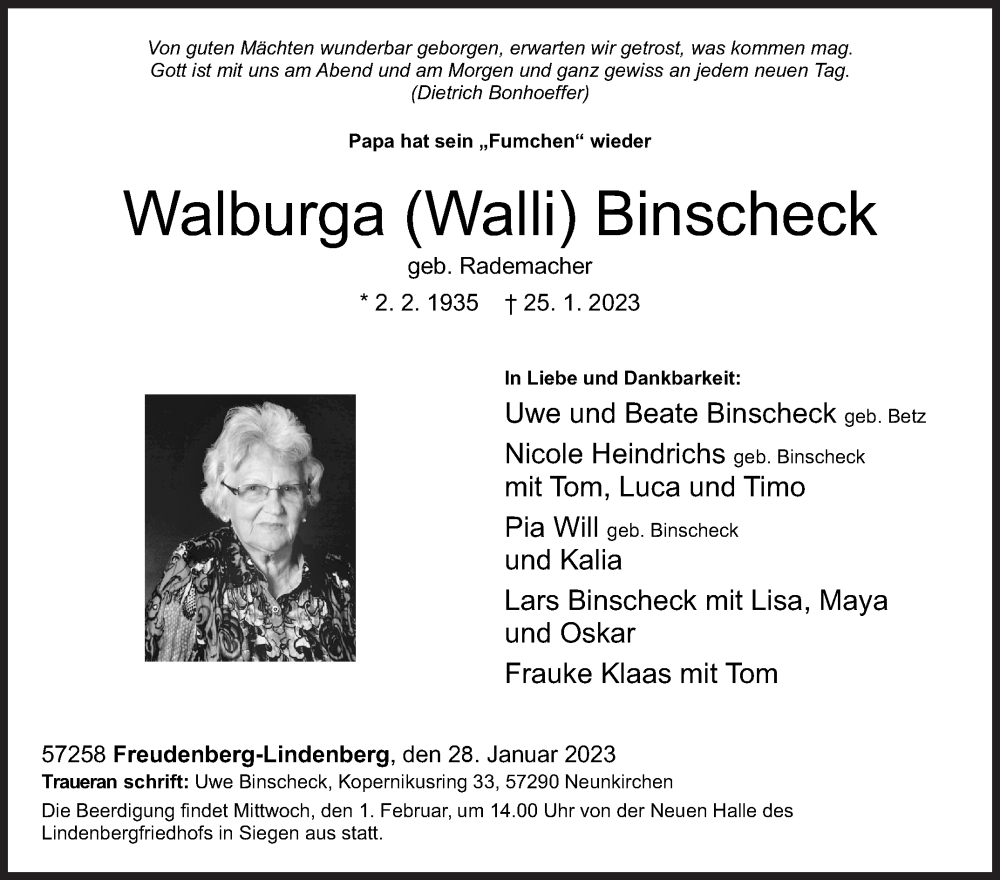  Traueranzeige für Walburga Binscheck vom 28.01.2023 aus Siegener Zeitung