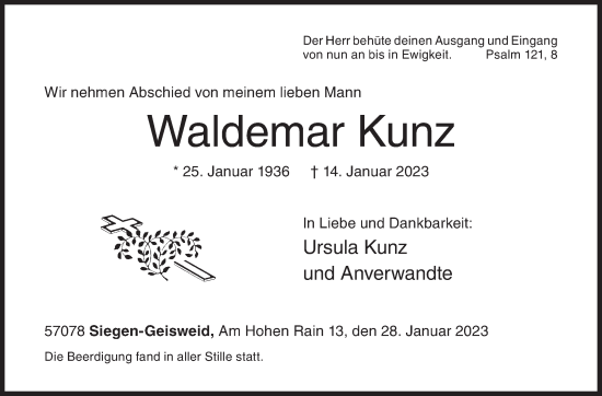Traueranzeige von Waldemar Kunz von Siegener Zeitung