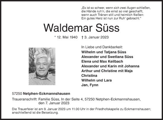 Traueranzeige von Waldemar Süss von Siegener Zeitung