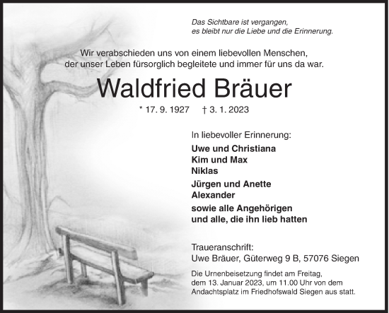 Traueranzeige von Waldfried Bräuer von Siegener Zeitung