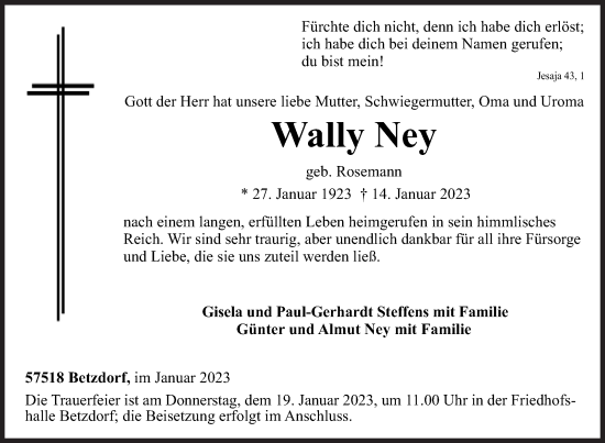 Traueranzeige von Wally Ney von Siegener Zeitung