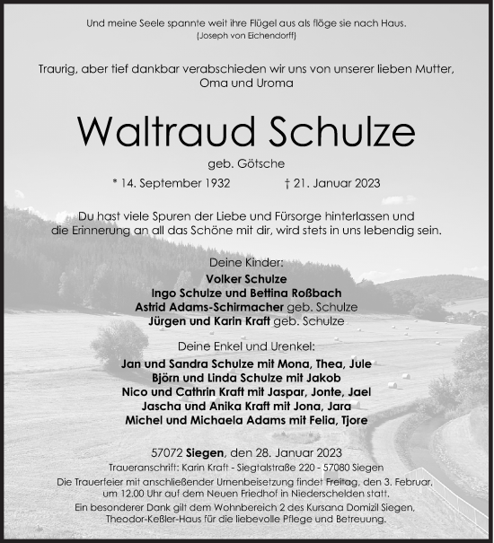Traueranzeige von Waltraud Schulze von Siegener Zeitung