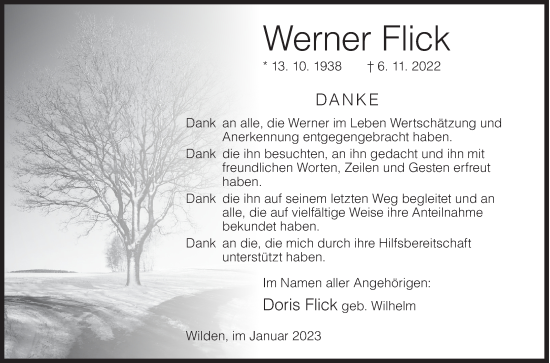 Traueranzeige von Werner Flick von Siegener Zeitung