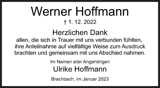 Traueranzeige von Werner Hoffmann von Siegener Zeitung