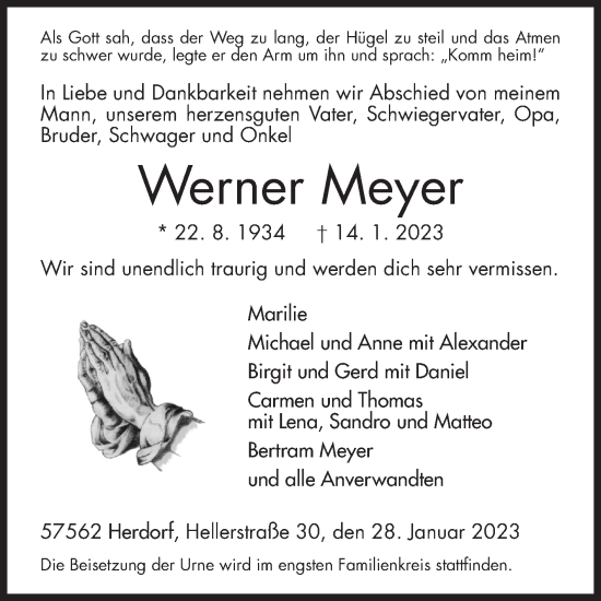 Traueranzeige von Werner Meyer von Siegener Zeitung