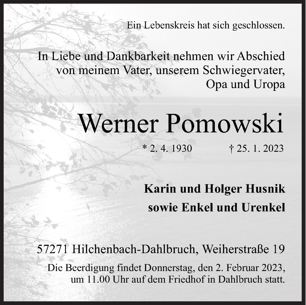  Traueranzeige für Werner Pomowski vom 28.01.2023 aus Siegener Zeitung