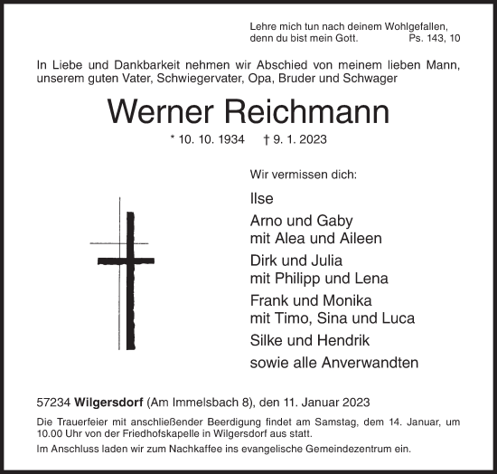 Traueranzeige von Werner Reichmann von Siegener Zeitung