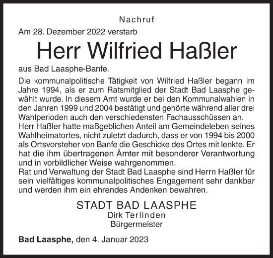 Traueranzeige von Wilfried Haßler von Siegener Zeitung