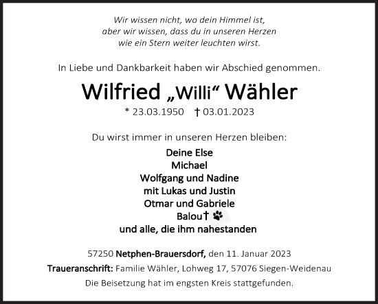 Traueranzeige von Wilfried Wähler von Siegener Zeitung