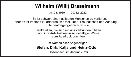Traueranzeige von Wilhelm Braselmann von Siegener Zeitung