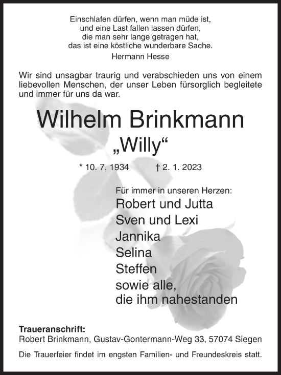 Traueranzeige von Wilhelm Brinkmann von Siegener Zeitung