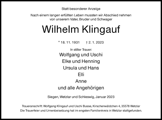 Traueranzeige von Wilhelm Klingauf von Siegener Zeitung