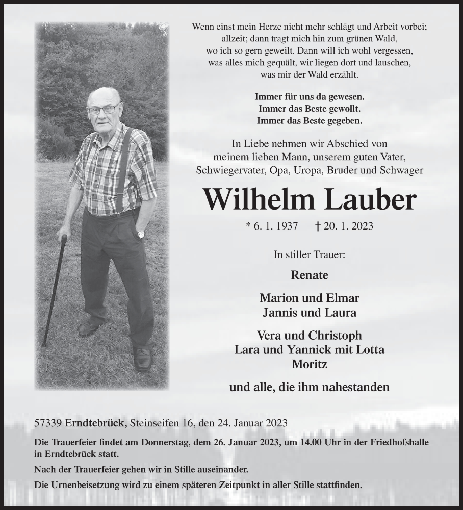  Traueranzeige für Wilhelm Lauber vom 24.01.2023 aus Siegener Zeitung