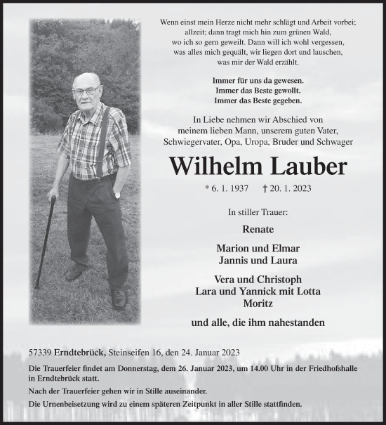 Traueranzeige von Wilhelm Lauber von Siegener Zeitung