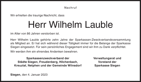 Traueranzeige von Wilhelm Lauble von Siegener Zeitung