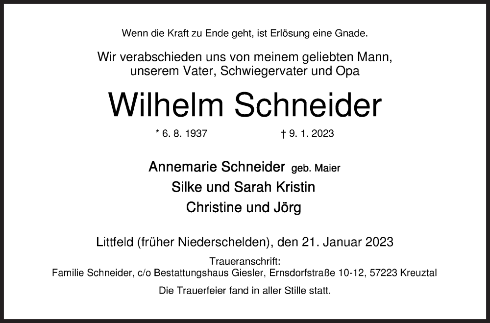  Traueranzeige für Wilhelm Schneider vom 21.01.2023 aus Siegener Zeitung
