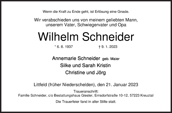 Traueranzeige von Wilhelm Schneider von Siegener Zeitung