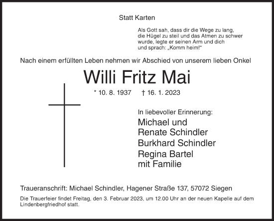 Traueranzeige von Willi Fritz Mai von Siegener Zeitung