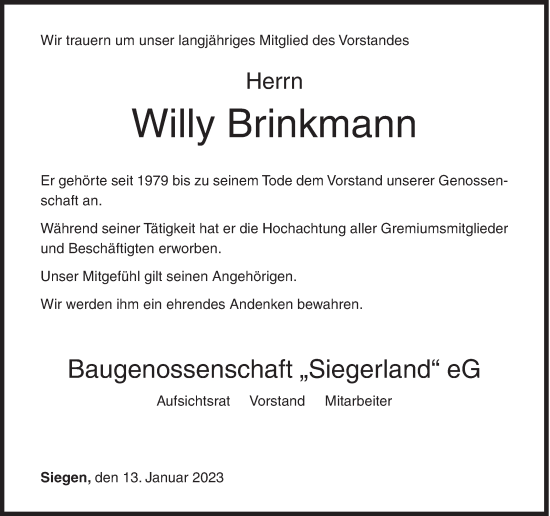 Traueranzeige von Willy Brinkmann von Siegener Zeitung