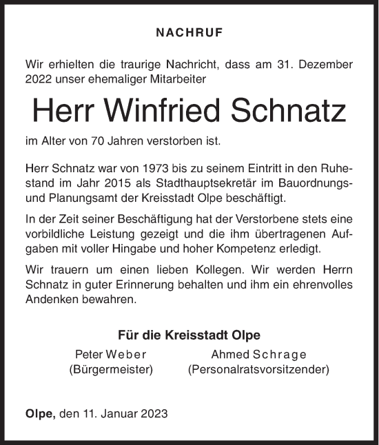 Traueranzeige von Winfried Schnatz von Siegener Zeitung